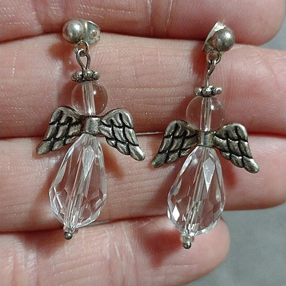 VINTAGE CRYSTAL ANGEL SILVER-TONE DROP DANGLE PUSH-BACK 1.9